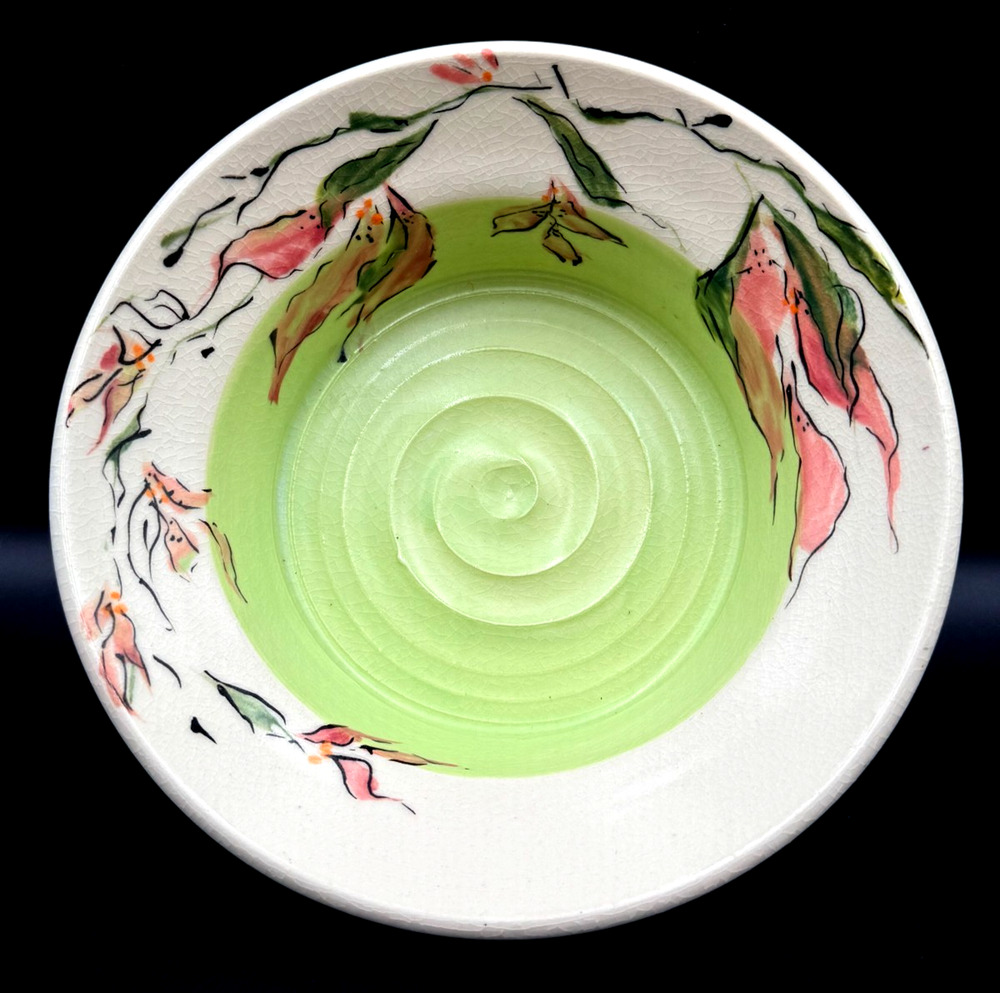 Betsy Gray Signed Studio Art Pottery Bowl Hand Thrown Pink Brushwork Florals NC